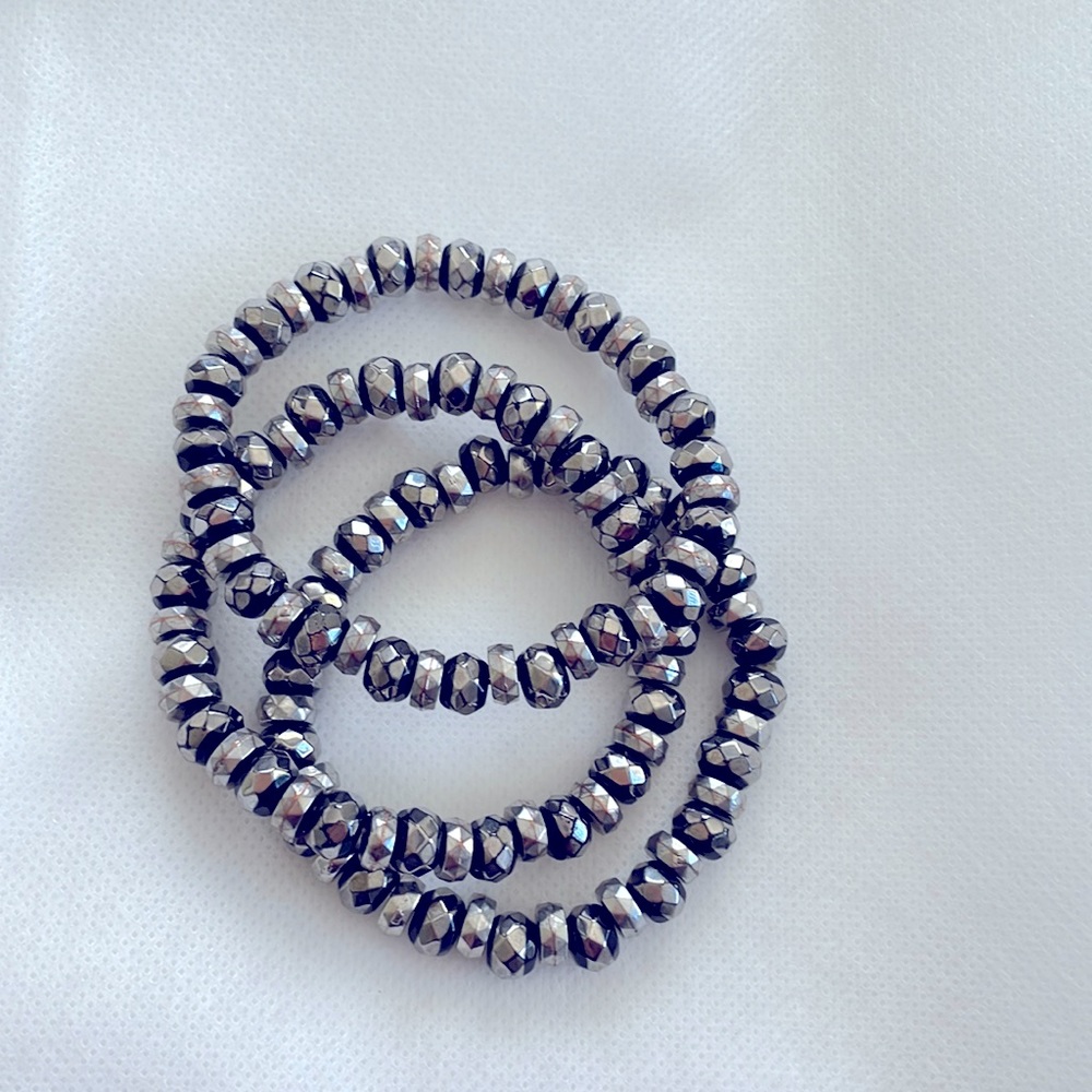3 stretch gunmetal in color beaded bracelets